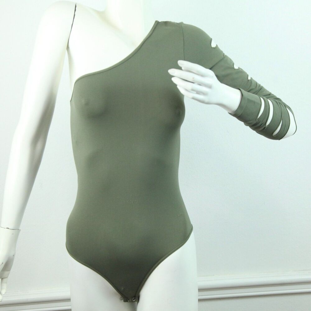 Vintage Y2K Bebe One Sleeve Bodysuit‎ Olive Green Rave Cutout XS S USA Going Out